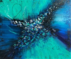 Explosion - oeuvre de Kate_Art Galerie, de l'artiste Katarzyna Boduch, signé Kasia xplosions des couleurs bleu avec le turqois, au milieu travail au couteau avec le rajout du blanc et noir et sur les côtés de tableau acrylique mélangé au sable
