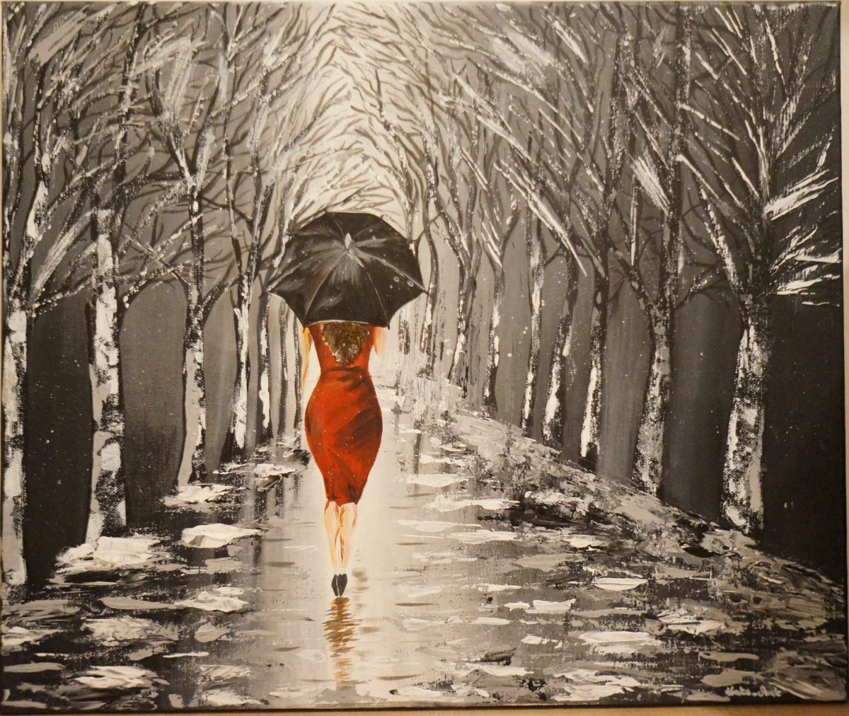 Black Umbrella - peinture acrylique fait au couteau, avec une femme en robe rouge etavec un parapluie noir marchant sous la pluie vers une allée d'arbres