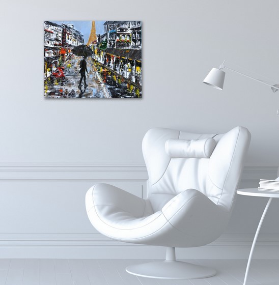 LE PARISIEN est une toile réaliser au couteau avec de l'acrylique dans un salon blanc accroché sur un mur