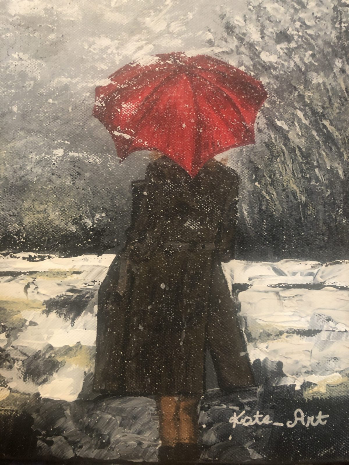 gros plan sur la femme avec son parapluie - Woman walking in the snow toile réalisé au couteau avec de l'acrylique