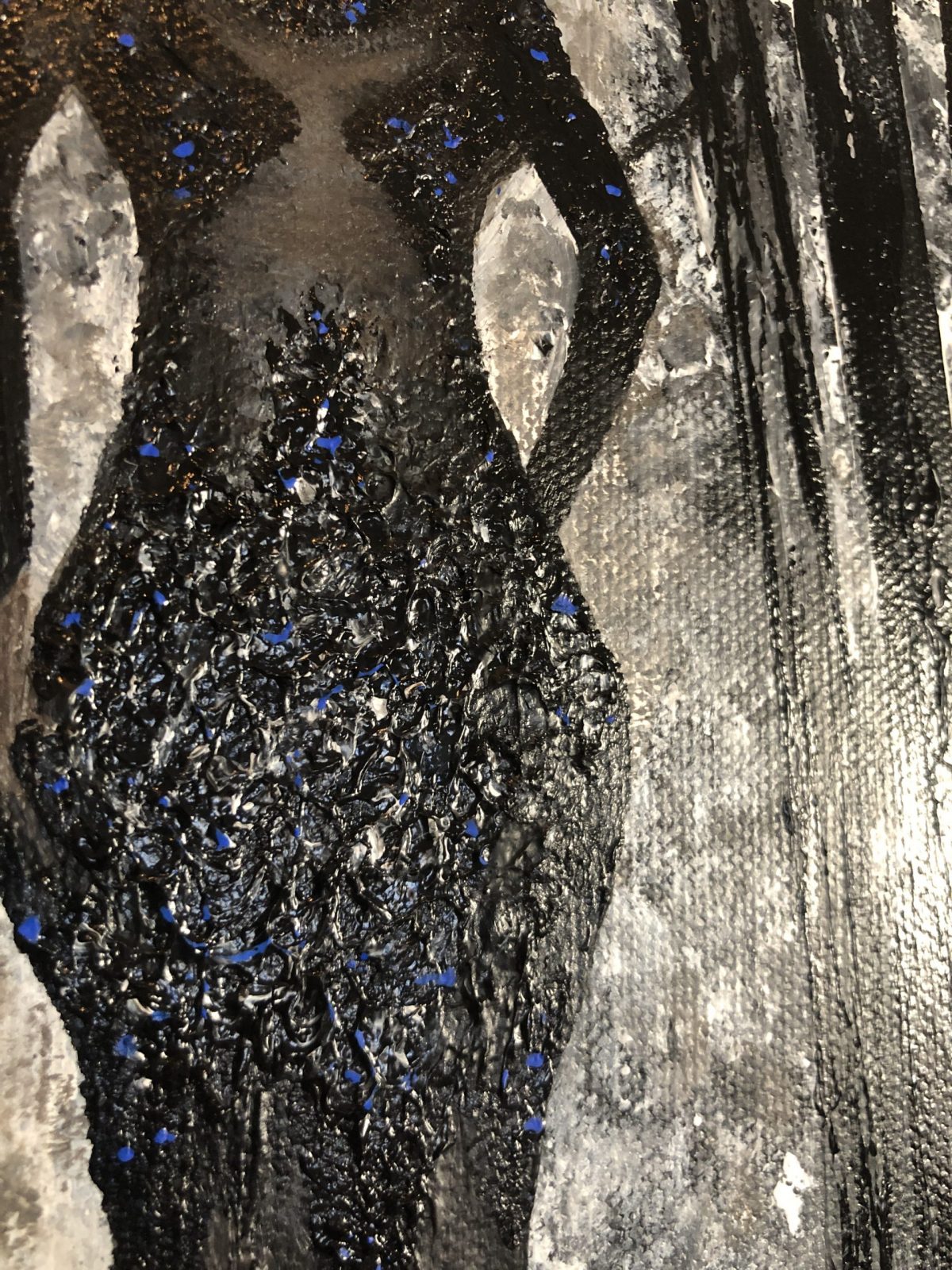 close-up on the splendid dress of the woman - The black widow - acrylic painting made with a knife showing a black widow entering a forest in black and white