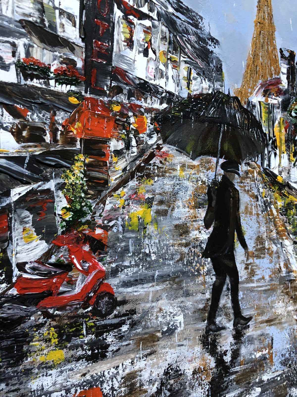 le Parisien, un bout de peinture avec le parisien sous la pluie avec son parapluie noir ainsi un scooter rouge dans les rues de Paris - LE PARISIEN est une toile réaliser au couteau avec de l'acrylique