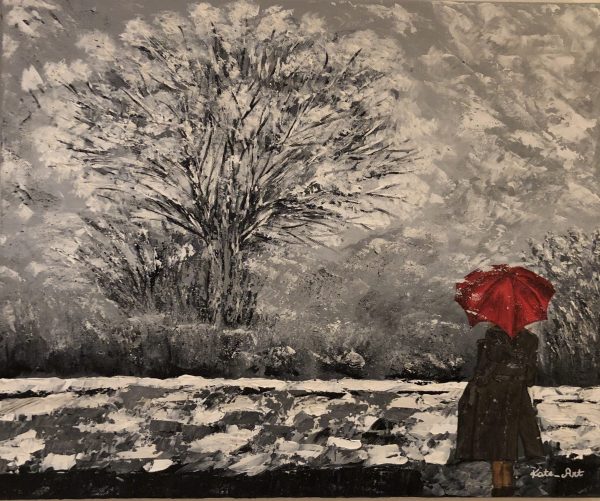 Woman walking in the snow canvas made with a knife and acrylic
