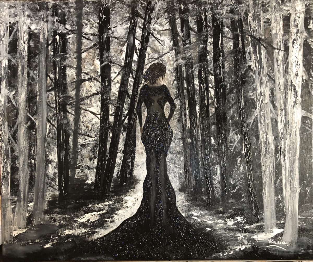 The black widow painting of a woman dressed in black entering a black and white party