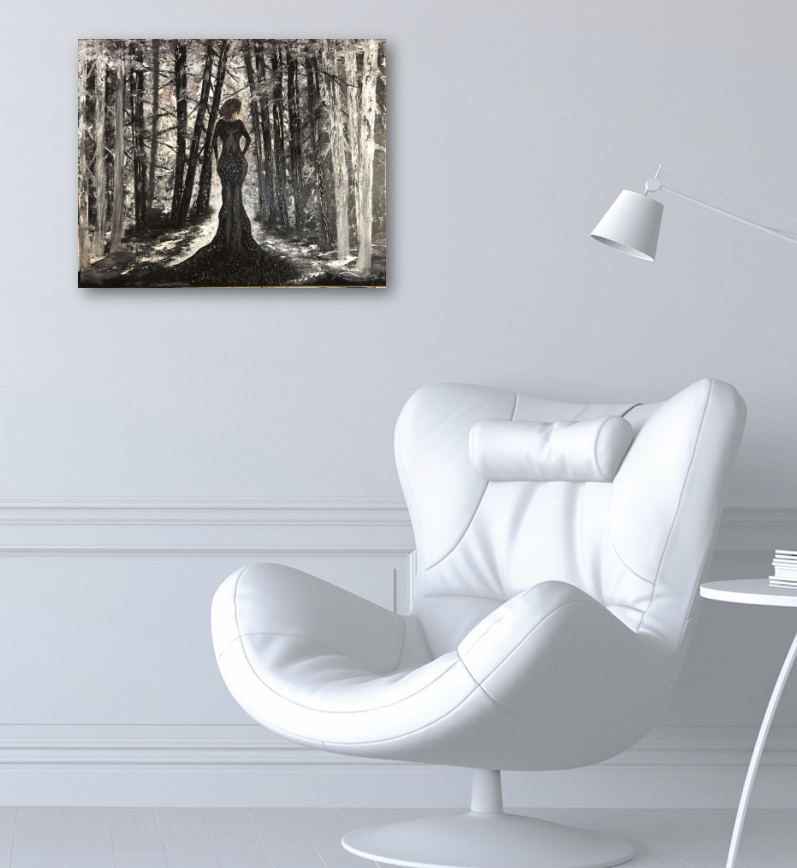 La veuve noire - peinture acrylique réalisé au couteau présentant une veuve noire entrant dans une forêt en noir et blanc, toile exposé dans un salon blanct