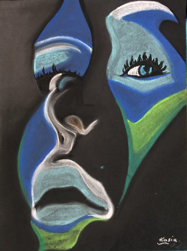 on the black background is a pastel drawing of an abstract face drawn by Katzryna Boduch, signed Kasia