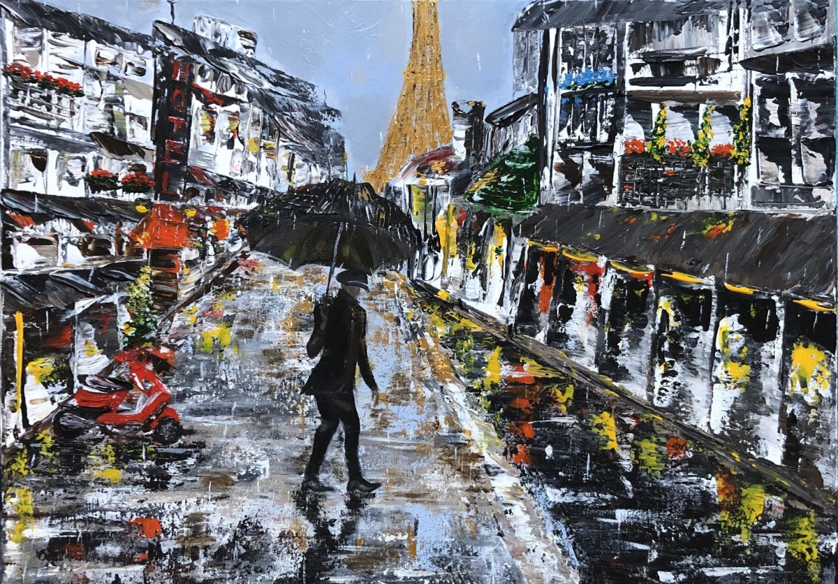 LE PARISIEN est une toile réaliser au couteau avec de l'acrylique dans les rues de paris avec une our eiffel au loin