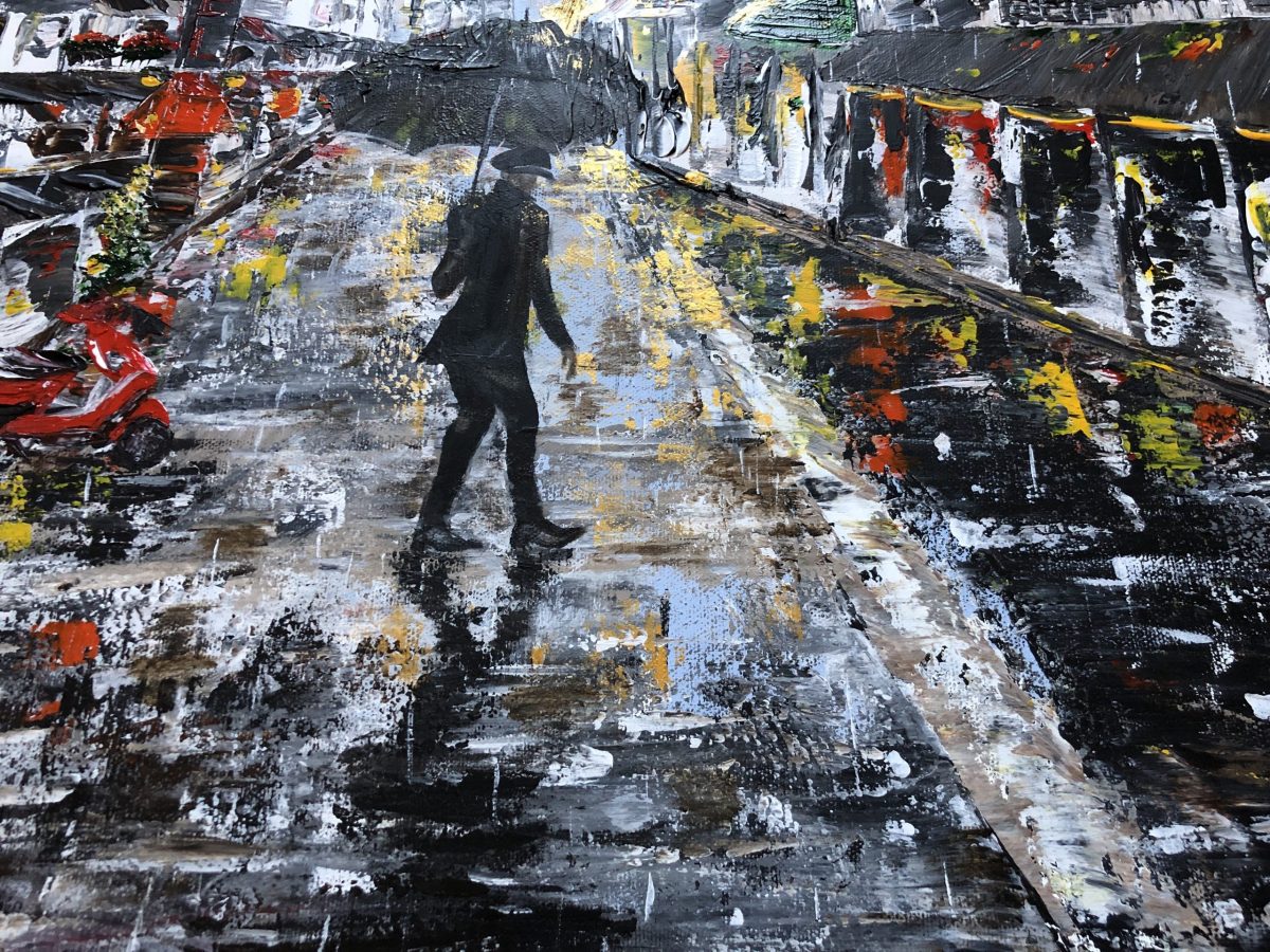 le Parisien, un bout de peinture, le bas avec la rue sous la pluie et le personnage - LE PARISIEN est une toile réaliser au couteau avec de l'acrylique