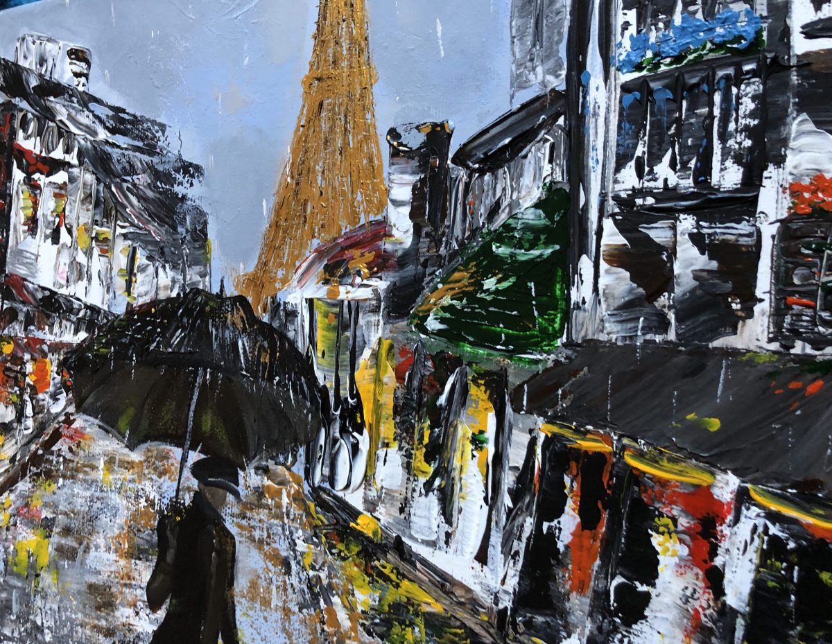 Le parisien, un bout de la peinture, le haut avac la tour eiffel et les bâtiments - LE PARISIEN est une toile réaliser au couteau avec de l'acrylique