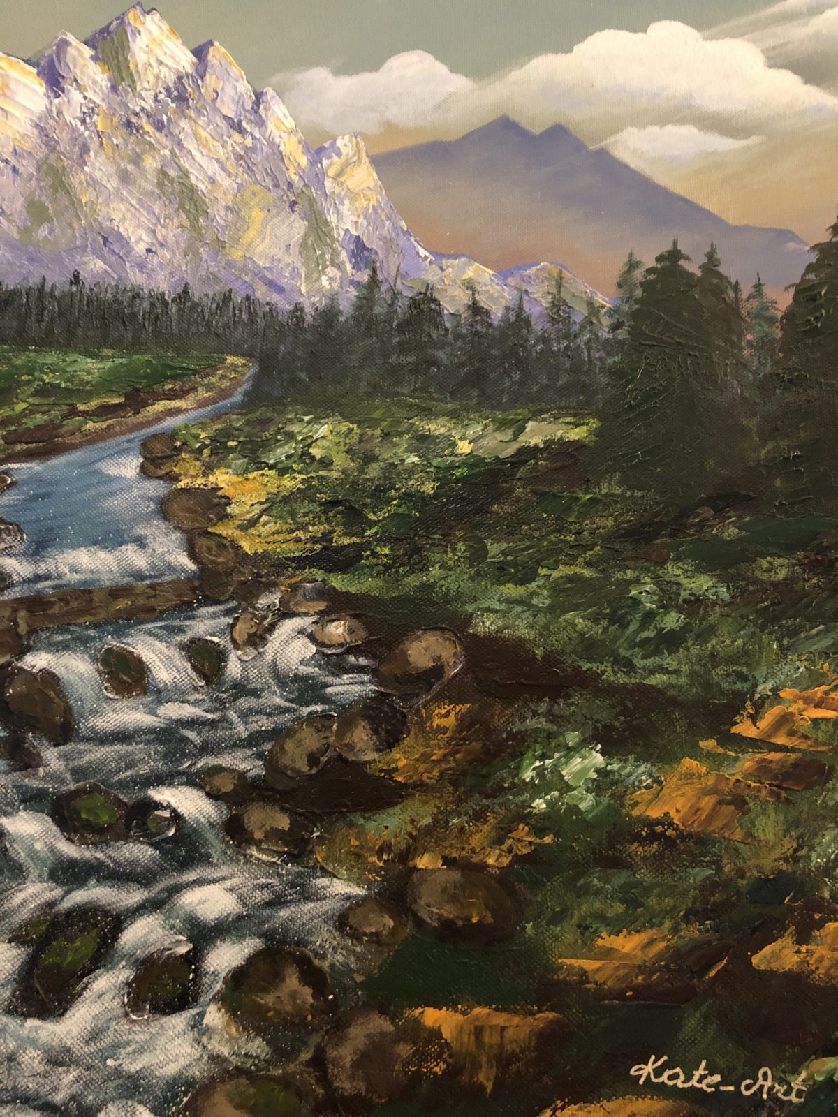 Amazing landscape with waterfall, bottom right of the painting