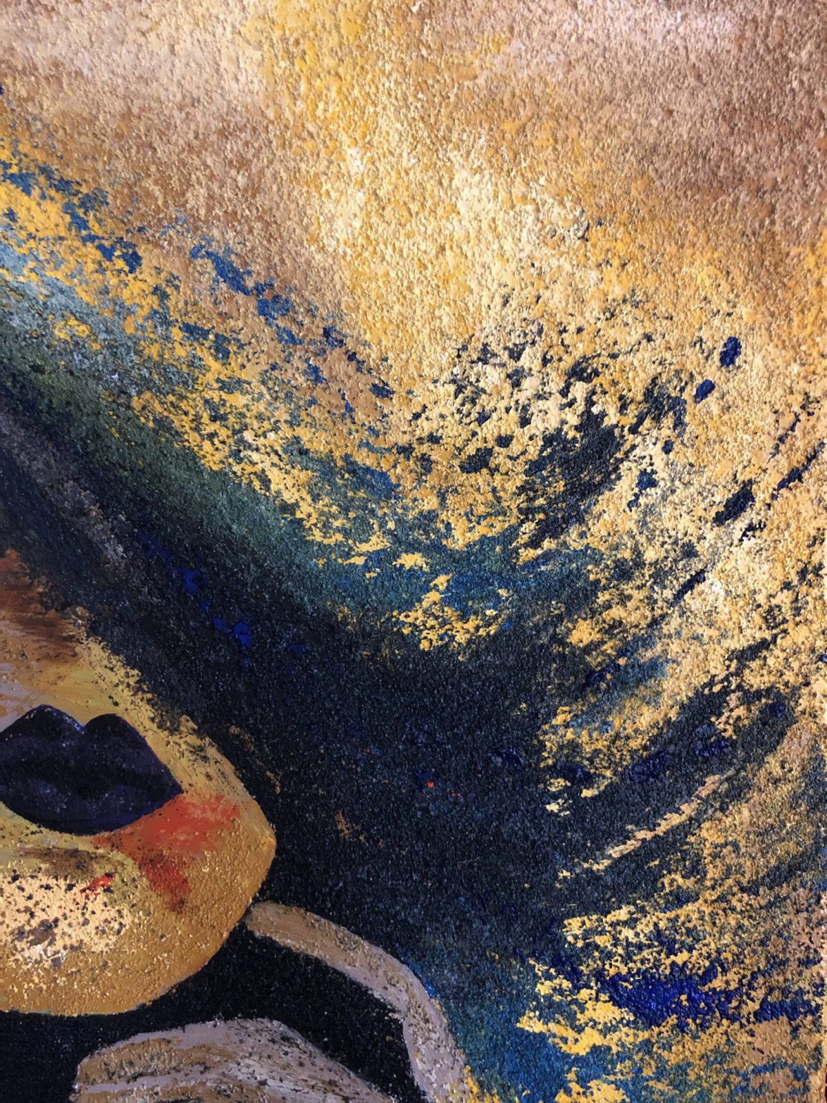 A woman of chaos, close-up on the sandy texture of the upper right hand side of the painting on the chapeu