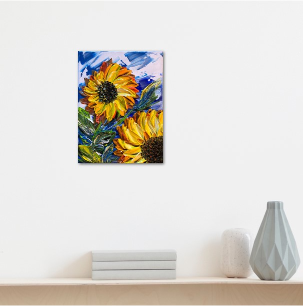 Sunflowers - tableau exposé au dessus d'un étagère
