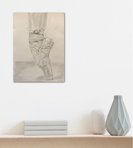 On the tip, drawing of the ballet shoes, drawing hung on the wall