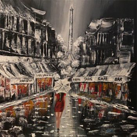 Lady in the rain in the street of Paris, photo of acrylic painting on canvas, article resized