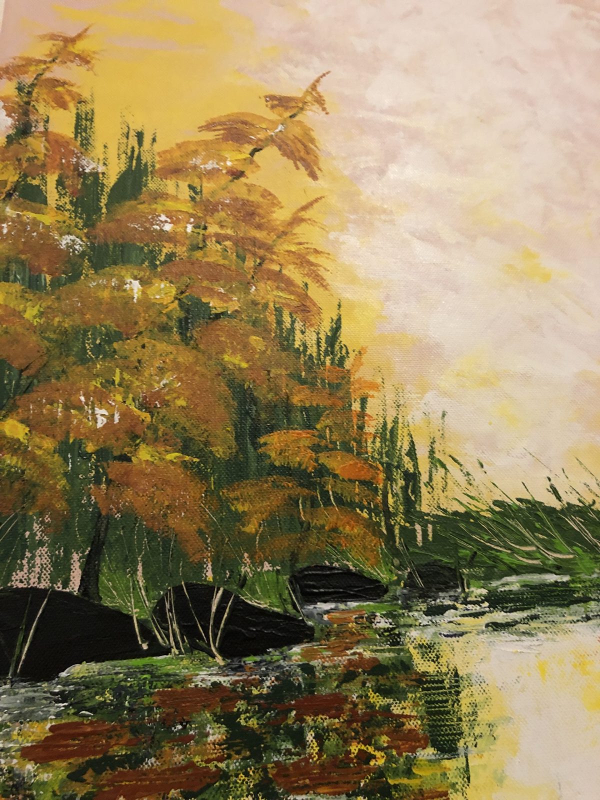 L'automne doré au lac de Kate_Art, gros plan côté gauche du tableau