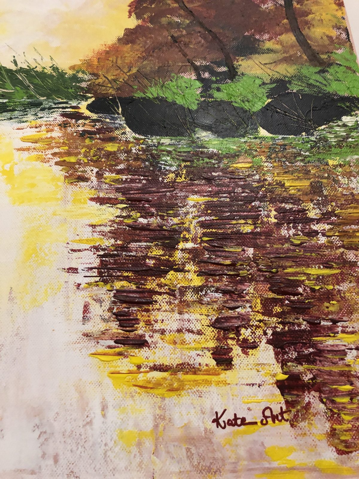 The golden autumn at the lake of Kate_Art, close-up on the bottom right of the painting