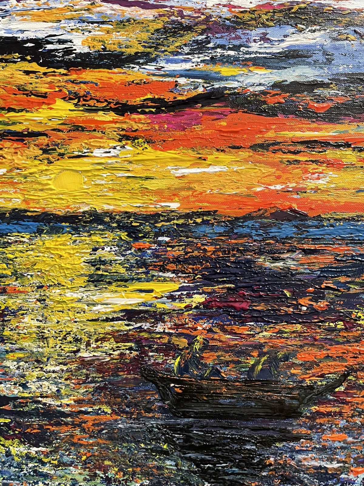 "La pêche au lever du soleil" centre du tableau (paysage marin avec le bateau des pêcheurs)