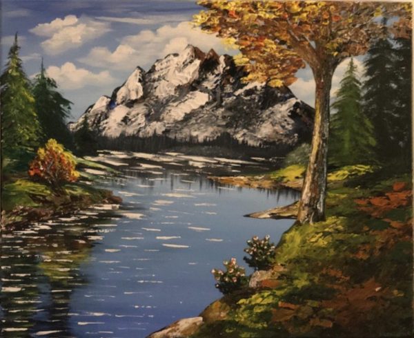 AUTUMN LAKE LANDSCAPE - a painting by the artist Katarzyna Boduch presenting a beautiful autumn landscape by the lake and the view of the mountain