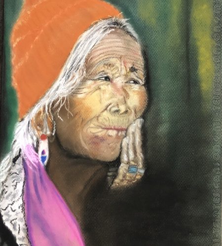 Vieille Indienne Dessin aux pastels sec de Kate_Art Galerie